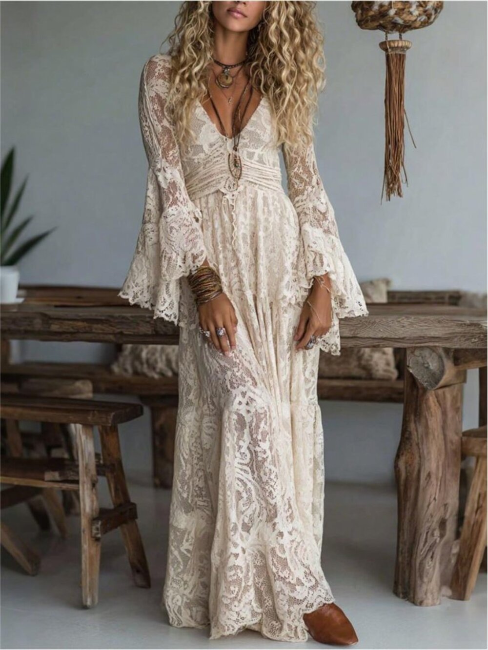 LocalBoho Lace Maxi Dress Women's Deep V Neck Bell Long Sleeve Empire Waist
